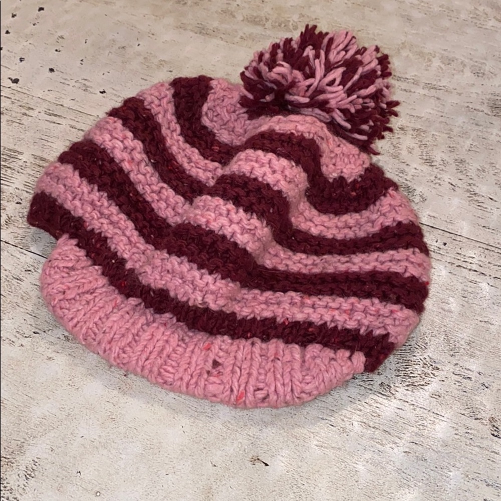 Pink and maroon striped knit hat